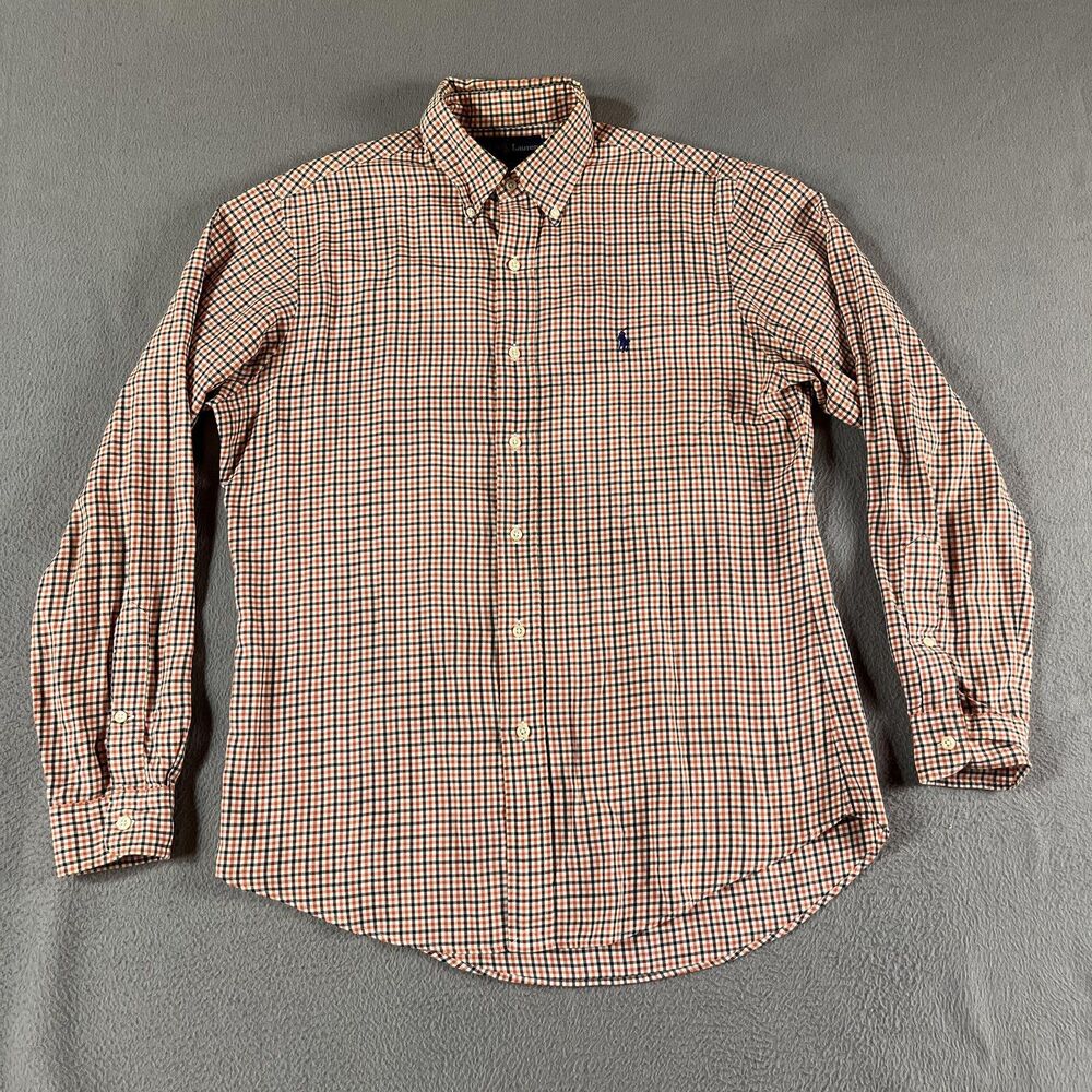Ralph Lauren Shirt Mens Medium Orange Check Long Sleeve Button Down Pony